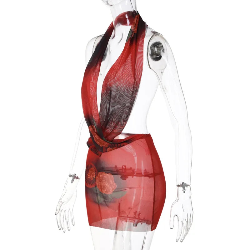 Combhasaki Womens Summer Beachwear Y2K Halter Deep V-Neck Sleeveless Backless Flower Tie-dye Print Bodycon Slim Short Mini Dress