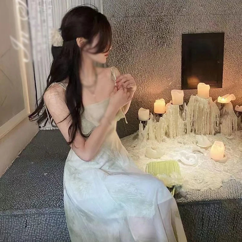 Women's Tie-Dye Floral Sleeveless Halter Dress Summer Waist Slim Long Dress Ruffle Leaf Hem Halter Tenderness Dresses