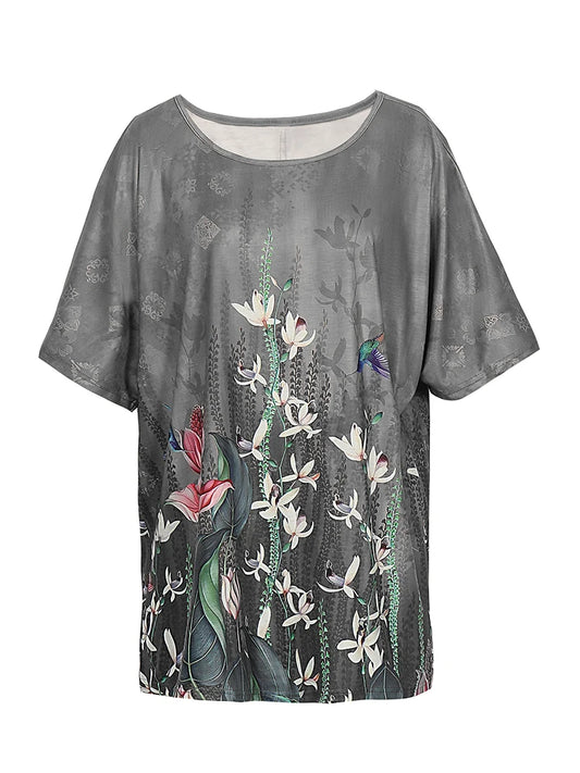 Plus Size Vintage Floral T Shirt Short Sleeve Loose Casual Female Crew Neck Summer T Shirt Ladies Tops