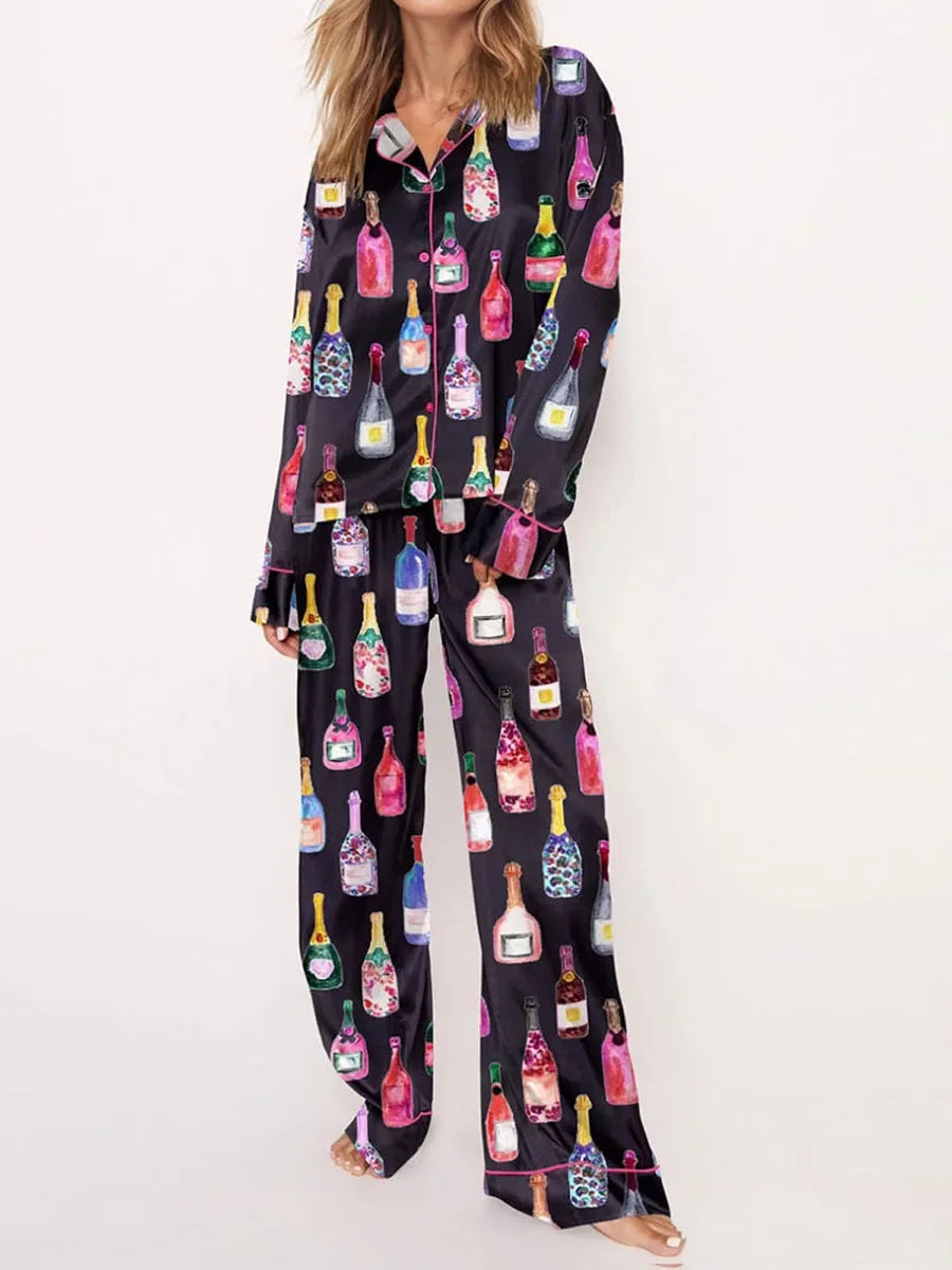 Womens Satin Pajamas Sets 2 Piece Set Champagne Bottle Wine Glasses Long Sleeve Button down Shirt Pants Satin Silk Loungewear