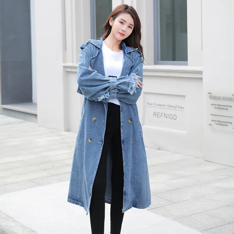 Trench Denim Coat Women Long Coats Lace Up Belt High Waist Turn Down Collar Maxi Jackets Y2k Single Breasted Elegant Autumn