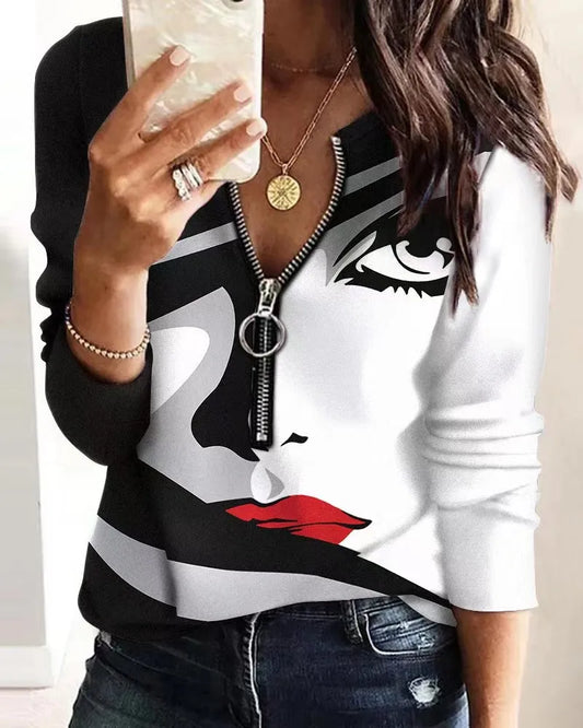 Women's Blouse Fashion Digital Printing Zipper Long-sleeved Casual Sudaderas Con Capucha Para Mujer Moletons Graphic Camisetas 4