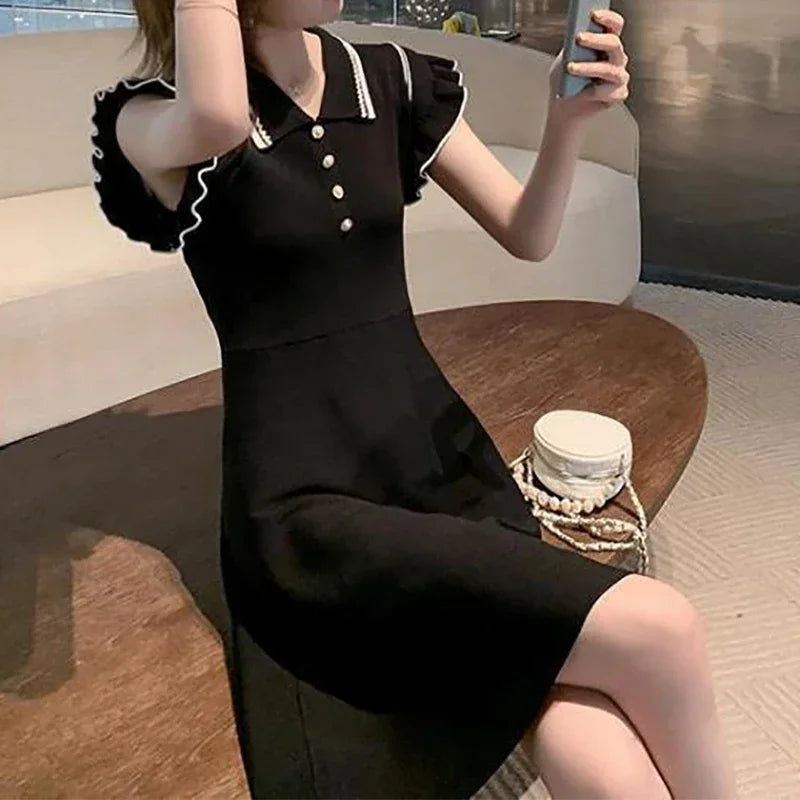 Women Preppy Style Buttons Short Sleeved Knit Dress Contrast Color Stripes Turn-down Collar Dress Summer Mid-Length Casual Dress