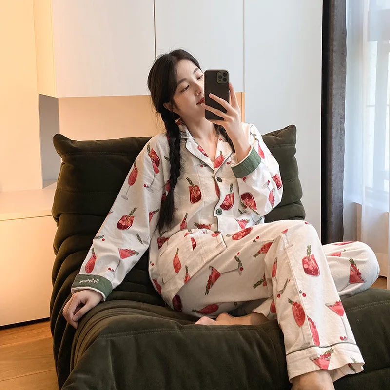 Women's Print Cotton Pajama Set Long Sleeve Autumn Winter Ladies Sleepwear 2 Pcs with Pant Single Breasted Pijama Suit Female