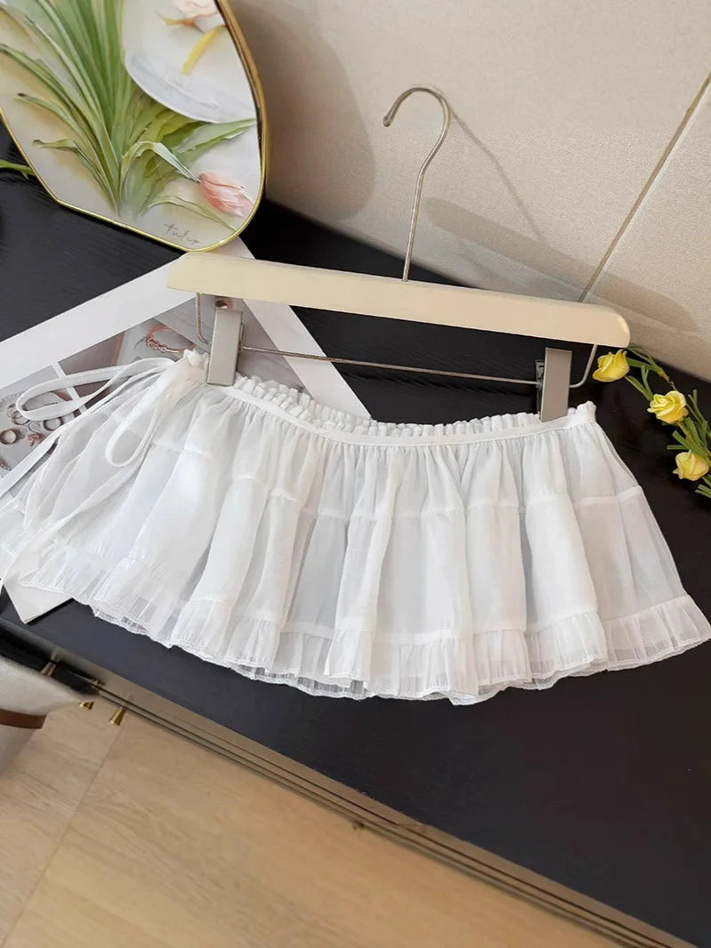 French Lace Up Short Fart Curtain Skirt Spring Layered Skirt INS Women Wrap Skirt Bandage Dress Apron Curtain Expansion Skirt