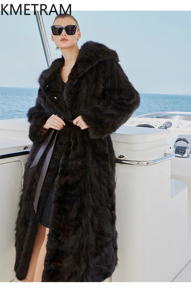 100% Natural Sable Fur Jacket Woman High Quality Long Real Fur Coat with Hood Winter Coats Women Clothing 2025 шуба женская Badiee Stylez