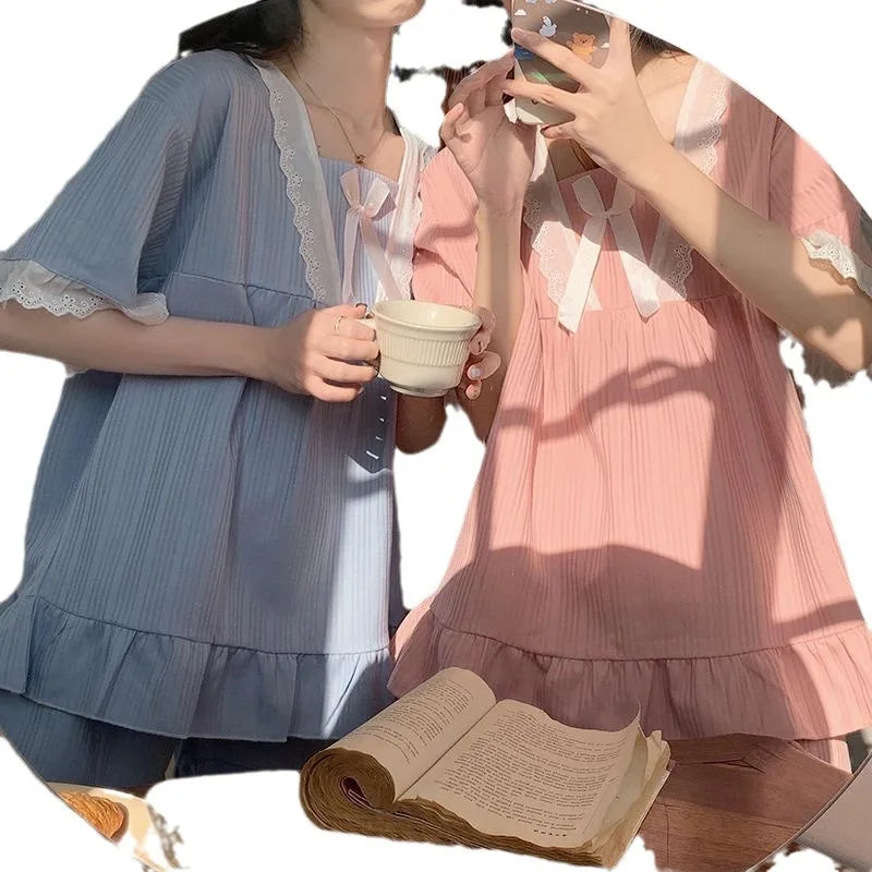 Palace Style Pajamas Ladies Summer Loungewear Set Short-Sleeved with Cushion Korean Small Sweet Girlfriends Loungewear Set