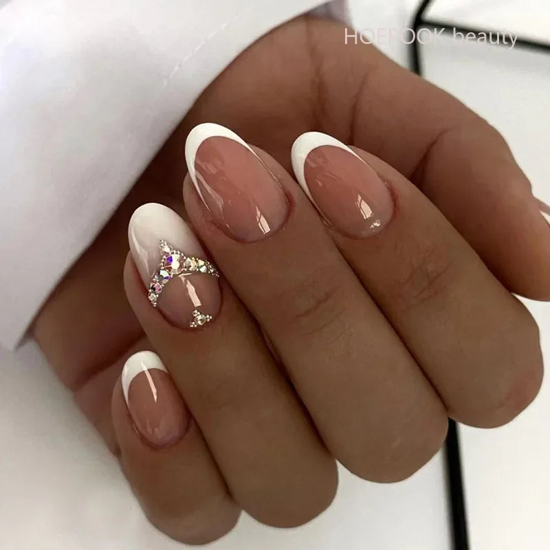 24pcs Nude French Fake Nails White Edge Almond False Nails Art Full Coverage Removable Waterproof Artificial Press on Nail Z628q