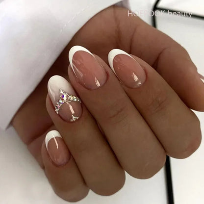 24pcs Nude French Fake Nails White Edge Almond False Nails Art Full Coverage Removable Waterproof Artificial Press on Nail Z628q