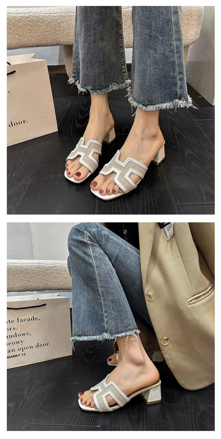 2025 Summer new arrival,fashion style grids high heel slippers for woman,thick heel outwear beach sandals for women