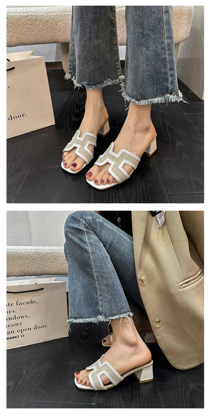 2025 Summer new arrival,fashion style grids high heel slippers for woman,thick heel outwear beach sandals for women