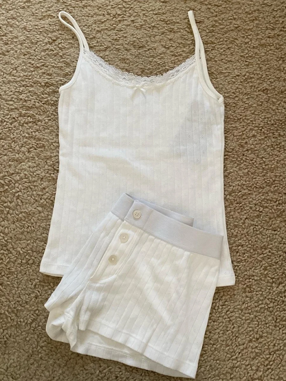 Blue Striped Tank Shorts Pajama Set Women Summer Sleeveless Crop Top+Elastic Waist Straight Short Pant Cotton Home 2 Piece Sets Eyelet white set One Size