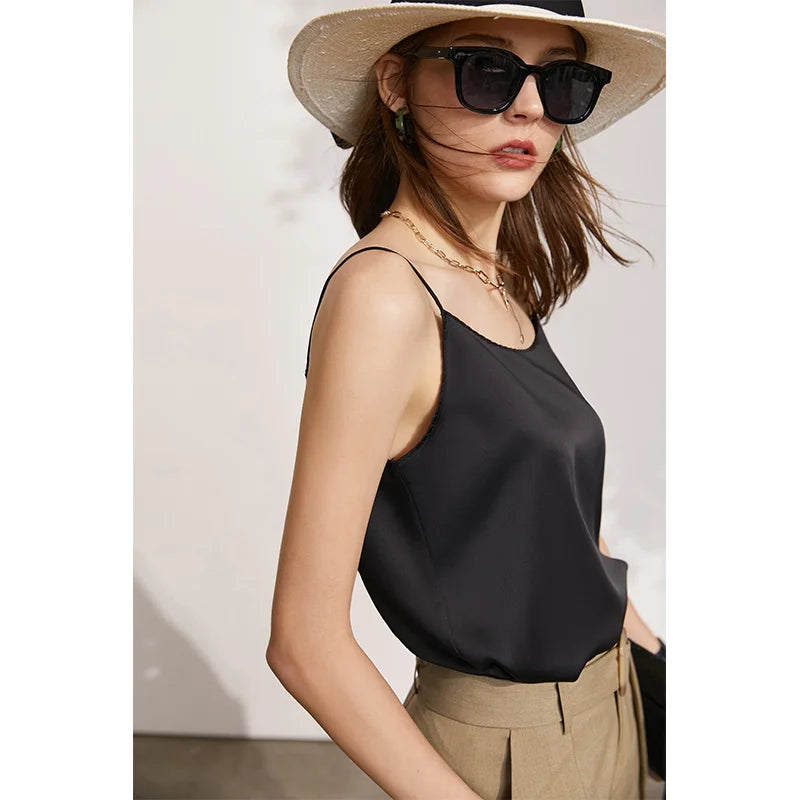 AMII Minimalism Sleeveless Top Women 2024 Summer New Camisole&Vest Office Lady Straight Chiffon Casual Female Clothing 12140330 black12332016