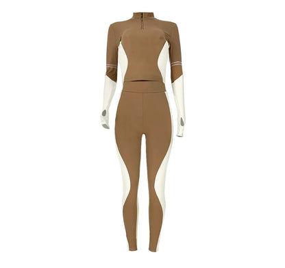 Y2K Color Matching Women'S Set Sweatsuit Two Piece Outfits Ladies' Standing Collar Sports Suit Slim Fit Long Sleeved Long Pants Badiee Stylez