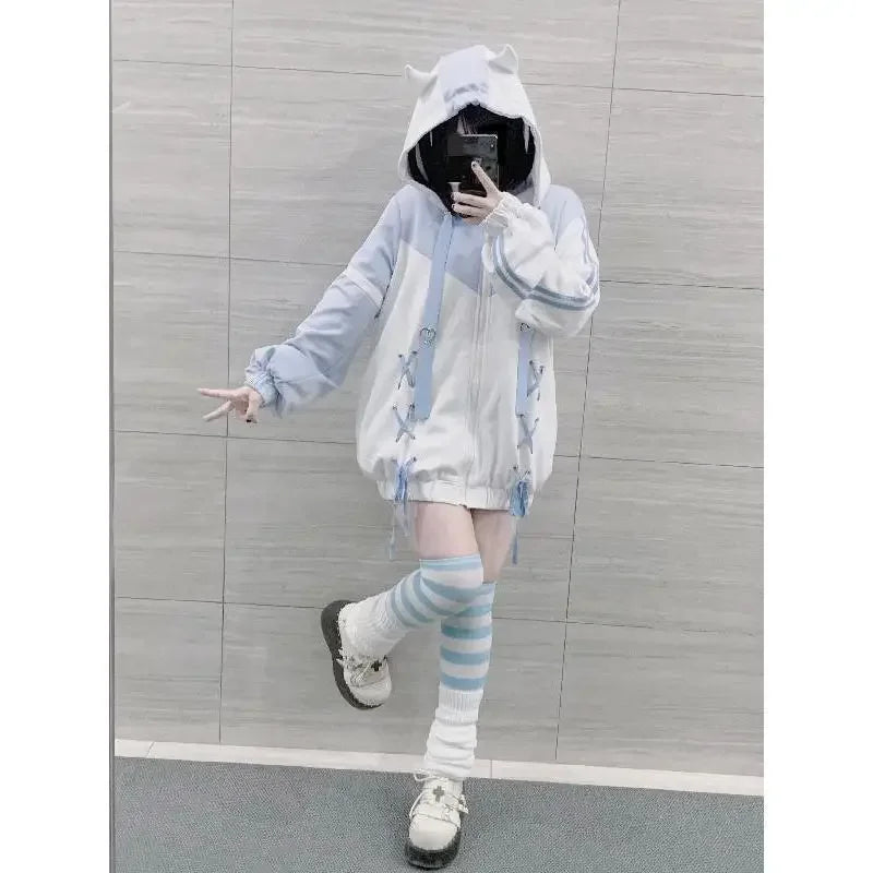 Girls Stitch Woman Clothing Subculture Japanese Hoodie Blue White Autumn Woman Sweatshirts Zipper Winter y2k Clothes Hoodies thick