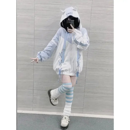Girls Stitch Woman Clothing Subculture Japanese Hoodie Blue White Autumn Woman Sweatshirts Zipper Winter y2k Clothes Hoodies thick