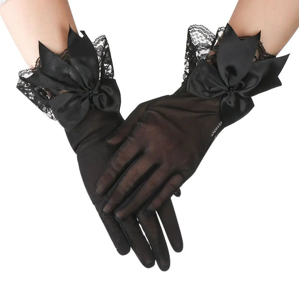 Fashion Bride Bow Lace Chiffon Gloves Women White Gloves Sunscreen Driving Gloves Marriage Party Accessories black