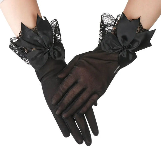 Fashion Bride Bow Lace Chiffon Gloves Women White Gloves Sunscreen Driving Gloves Marriage Party Accessories black