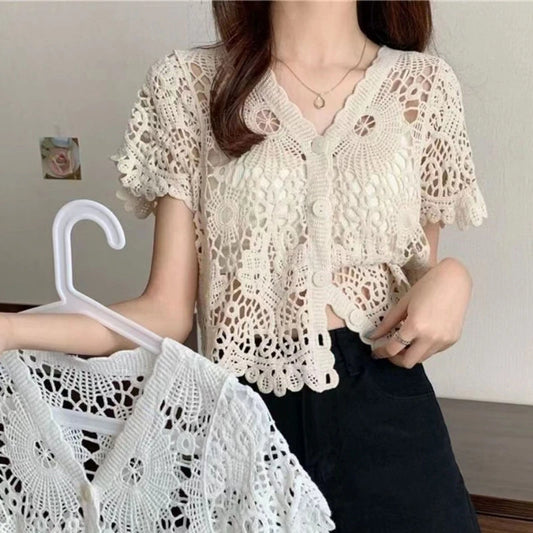 Women French Style Short Sleeve Lace Shrug Hollow Out Crochet Knit Cardigan V-Neck Button Down Sheer Crop for Jac