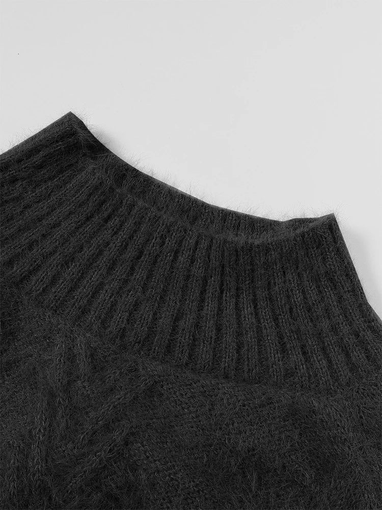 Plus Size Stranded Knit Ribbed Pullover Sweater Casual Solid High Neck Long Sleeve Sweater Suitable for Autumn and Winter