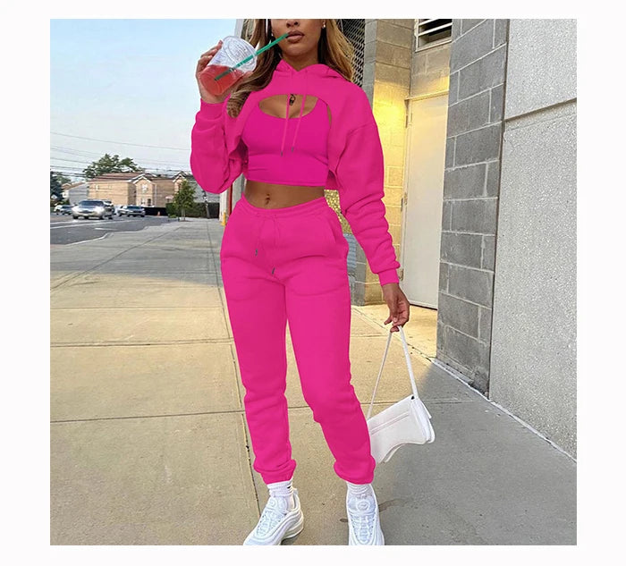 Women 3 Pieces Sets Sweatpants and Hoodie Set Cropped Tops Fleece Pants Suit Tracksuit Fitness Sport Jogger Outfit Clothing