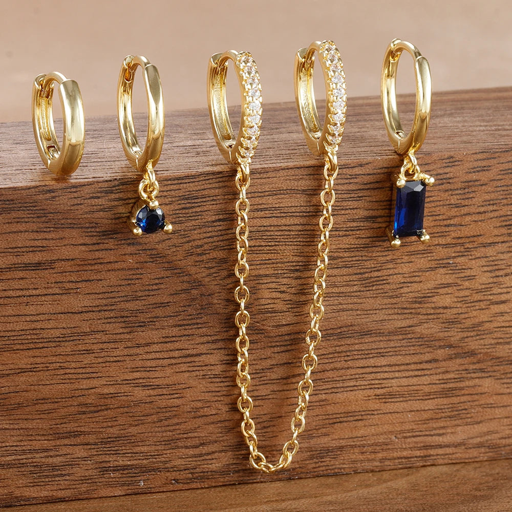 4PCS Exquisite Stainless Steel Long Chain Pendant Earrings Set for Woman Little Huggies Hoop Earrings Cartilage Piercing Jewelry gold-dark-blue-4pcs