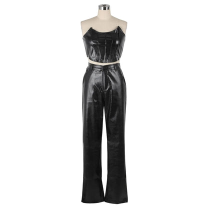 HBLL Women's Green Corset Cut-Out Cargo Sexy Sleeveless Jumpsuits PU Leather Matching Set Sexy Clubwear 2 Piece Outfits