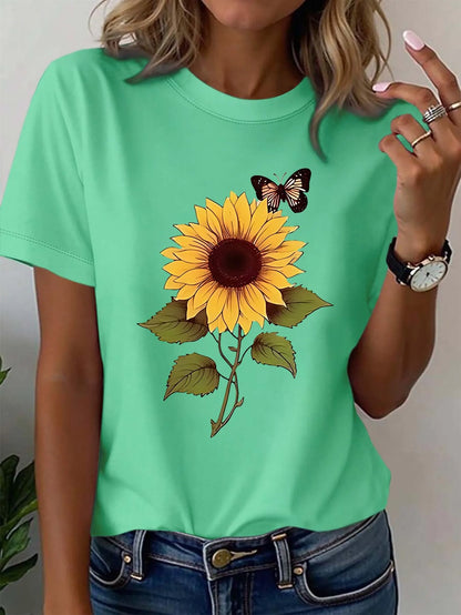 Plus - Size Sunflower & Butterfly Graphic Tee, Short - Sleeve green