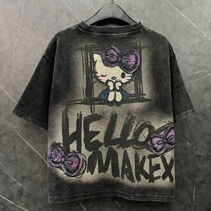 Y2K Hello Kitty Girls Short Sleeve Anime Sanrios Cartoon Cute Summer Sweet Cotton Women T-Shirt Kawaii Casual Loose Trend Tops Badiee Stylez