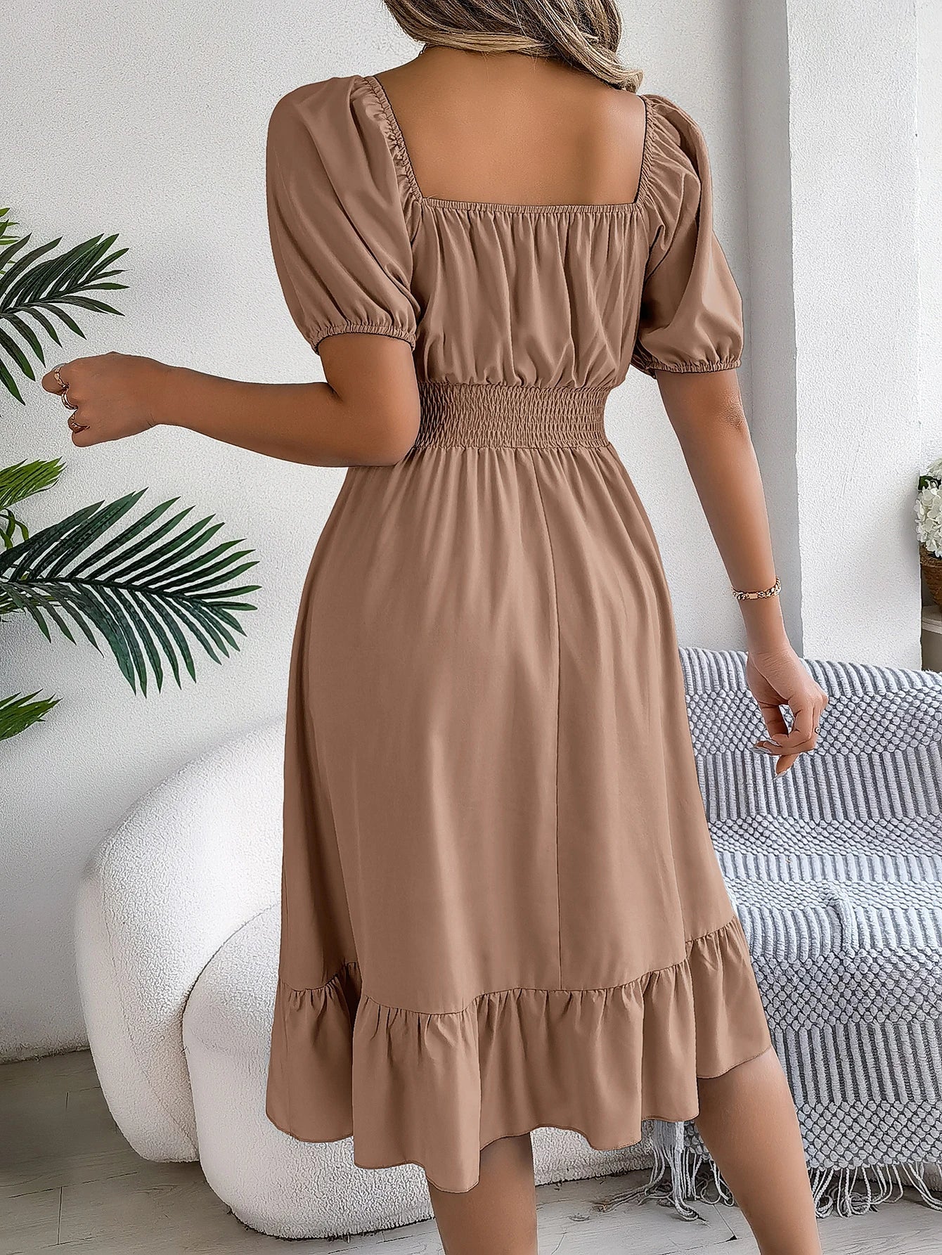 Spring and Summer Elegant High Waisted Dress Square Neck Short Sleeved Ruffled Edge Long Dresses for Women Badiee Stylez