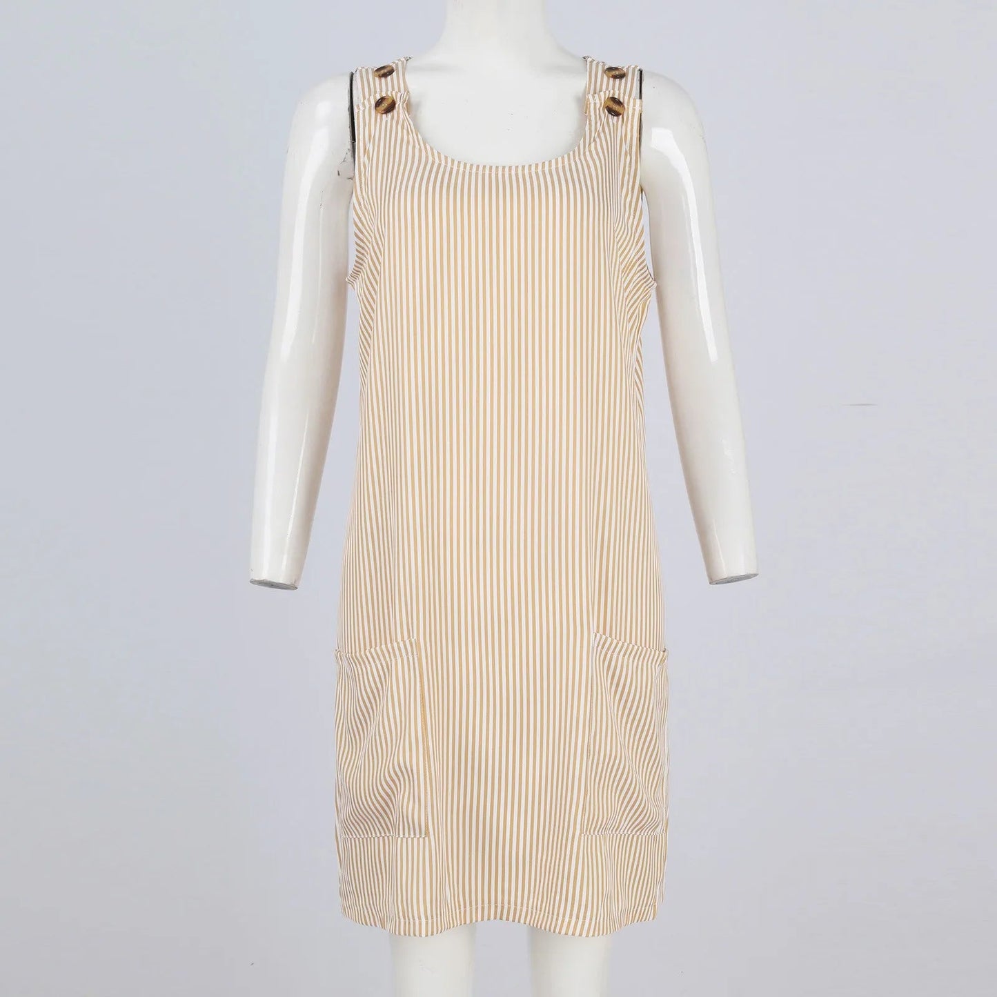 Summer Fashion Stripped Patchwork Commuting U-Neck Sleeveless Pockets Back Button Casual Straight Slimming Mini Dress For Women Badiee Stylez