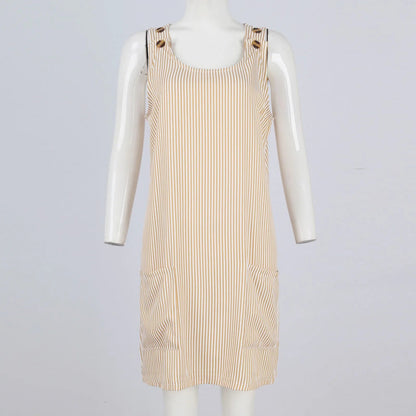 Summer Fashion Stripped Patchwork Commuting U-Neck Sleeveless Pockets Back Button Casual Straight Slimming Mini Dress For Women Badiee Stylez