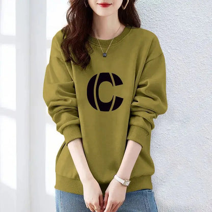 Women Clothing Spring Autumn Long Sleeve Print Letter Loose Casual Hoodies Sweatshirts Lazy Style All-match Tops Trend Fashion Olive green