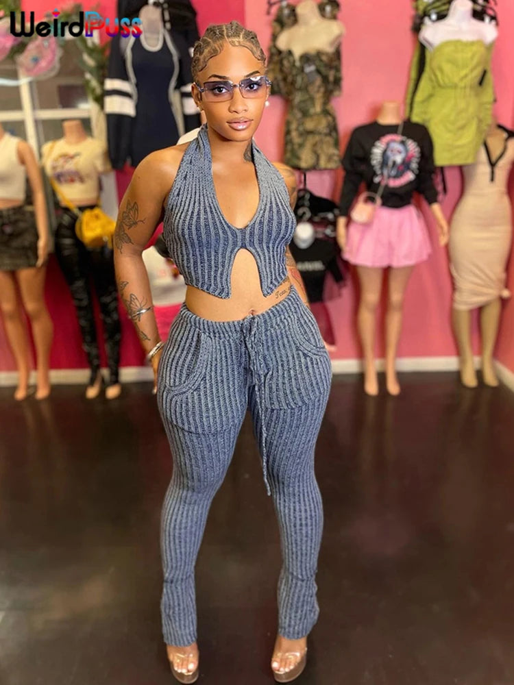 Weird Puss Patchwork Striped Women Casual 2 Piece Set Crochet Halter Low-Neck Vest+Pocket Pants Stretch Skinny Matching Suit Badiee Stylez