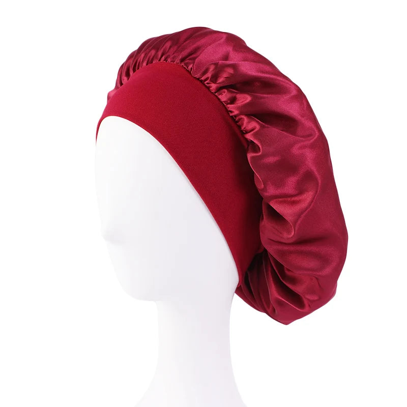Women's Satin Solid Bonnets Wide-brimmed Night Sleeping Bathing Hat Unisex Head Wrap Elastic Band Cap Hair Care Bonnet wine red 1 One Size