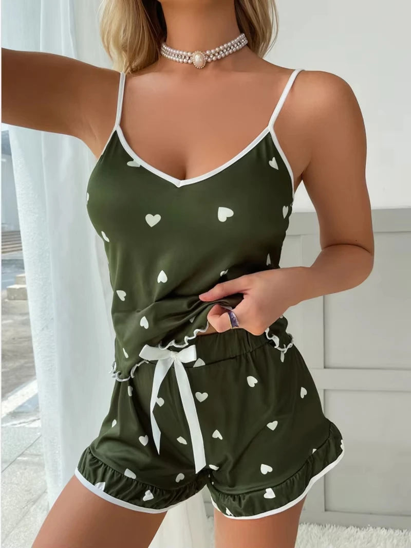 2025 Summer Pajama 2Pcs Set Large Size Vest Ruffle Shorts Women's Suspenders Soft Casual Cute Printed Women pajamas set Sexy Bow green