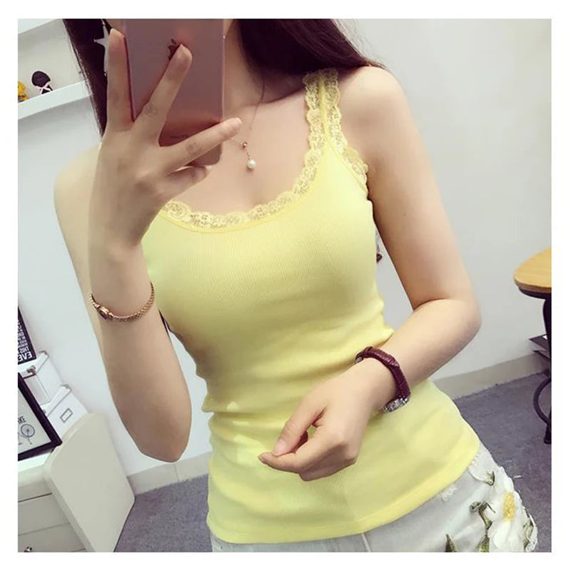 Black Tops Summer Sleeveless Women Tank Top With Lace Top Red Inside Wear Lace Camisoles Loose Underwear Womens Clothing Vest light yellow One Size