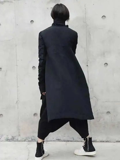 EAM 2024 New Fashion Winter Stand Collar Irregular Long Type Black Cotton-padded Clothes Loose Coat Black Jacket Woman YA771