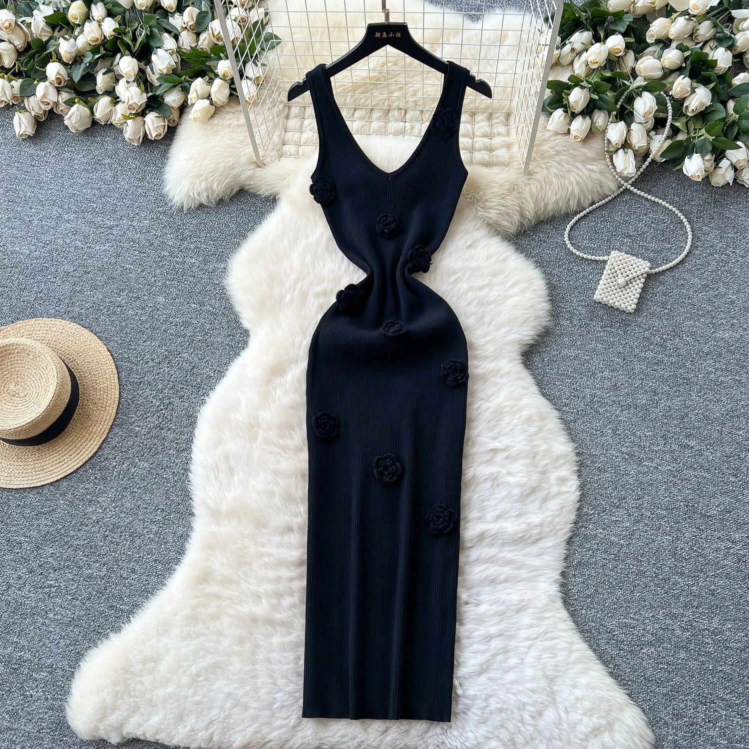 SINGREINY Knitted 3D Flower Chic Dress Sleeveless Slim Solid Elastic Sundress Women Summer Casual Fashion Bodycon Long Dresses