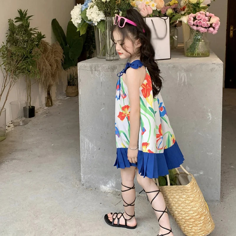 Girl Suspender Fluffy Dress Korean Style Summer Kids Flowers Printing Beach Princess Skirt Girls Breathable Knee-Length Dress