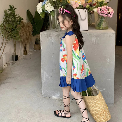 Girl Suspender Fluffy Dress Korean Style Summer Kids Flowers Printing Beach Princess Skirt Girls Breathable Knee-Length Dress