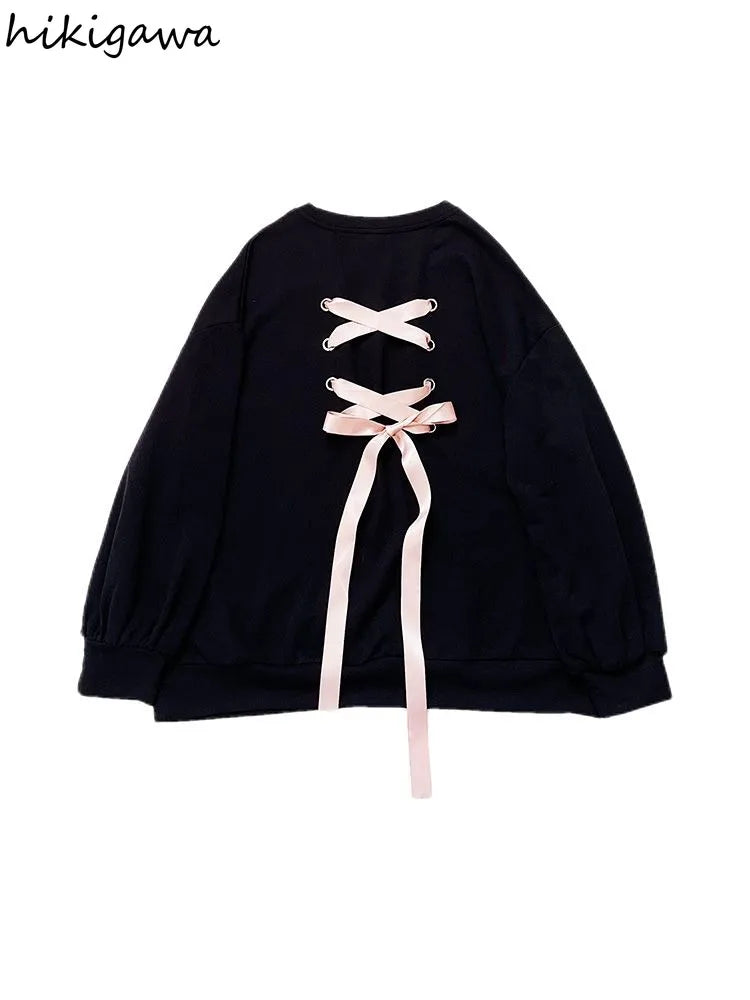 Sweet Sweatshirt Women Clothing Bow Bangage O-neck Long Sleeve Casual Y2k Tops 2025 Ropa Mujer Fashion Japanese Y2k Hoodies