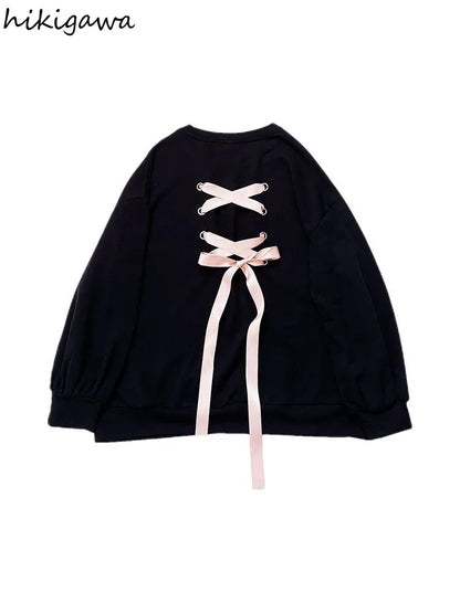 Sweet Sweatshirt Women Clothing Bow Bangage O-neck Long Sleeve Casual Y2k Tops 2025 Ropa Mujer Fashion Japanese Y2k Hoodies