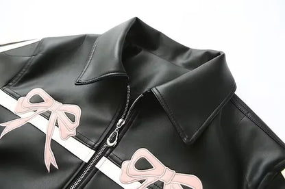Zekye Vintage Women's Faux Leather Jacket Autumn Winter Lapel Collar Bow Detail Zipper Overcoat Fashionable Outerwear