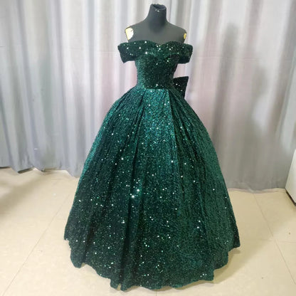 Y&M Novias Custom Plus Size Luxury Sequins Bow Off Shoulder Dark Red Quinceanera Dresses 15 Ball Gown For Party Vestido De Noiva Badiee Stylez