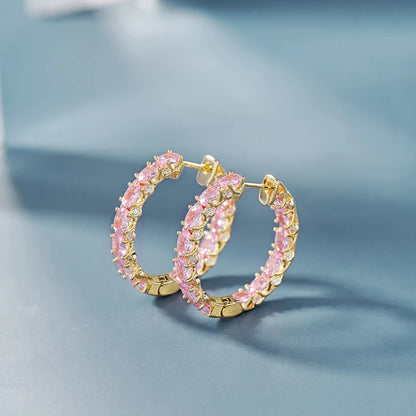 Huitan Luxury Trendy Pink/Green/Blue/Yellow CZ Hoop Earrings for Women Silver Color/Gold Color Hot Trendy Girls Jewelry Dropship