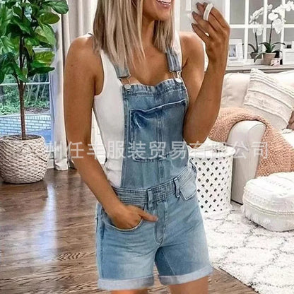 Women Rompers Jeans Jumpsuits One Piece Overalls Washing Denim Shorts Button Loose Casual Pockets Knee Length 2024 Summer