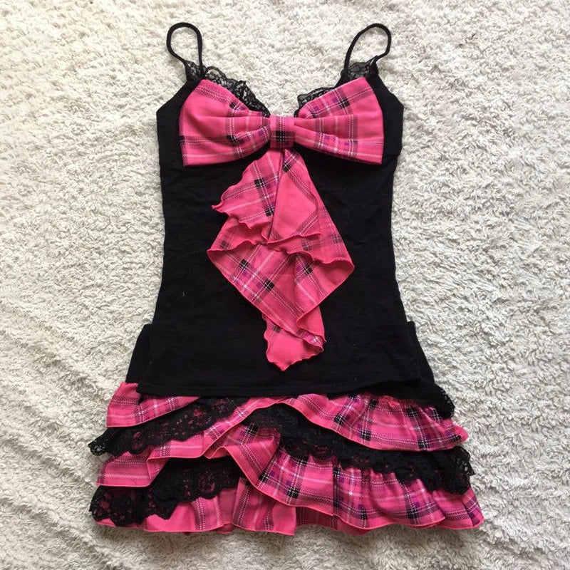 Chic Punk Y2K Dress Aesthetics Graphic Print Fashion Rock Goth Braces skirt Vintage Hiphop Sexy Pleated skirt Summer Streetwear