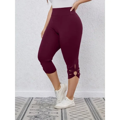 Plus Size S-8XL Women's High Waisted and High Elastic Tight Pants Summer Hollow Out Solid Color Elegant Yoga Pants Cropped Pants PURPLE