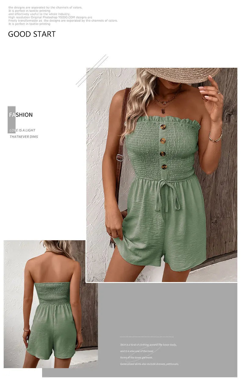 Summer Fashion Splicing Women's Solid Color Sexy Sleeveless Bra Button Tie Waist Casual Comfortable Jumpsuit Shorts 3/4